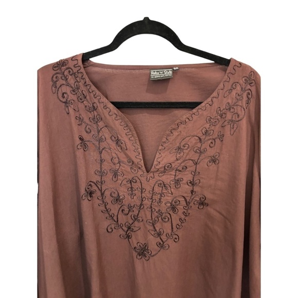 Ruby 'N' Style Plus Size 100% Cotton Brown Embroidered Blouse Long Sleeve 6X - Picture 1 of 4